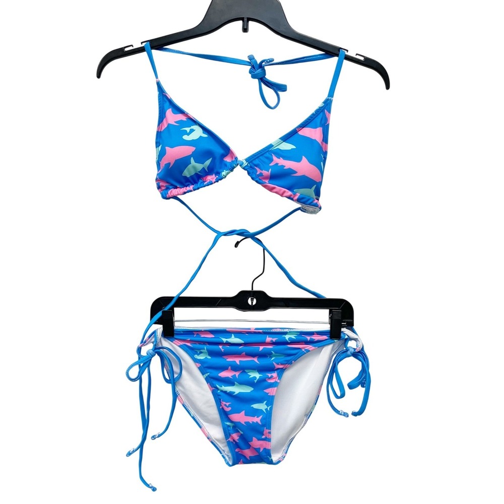 Berry Jane Women's Blue Shark Print Triangle Tie Side Bikini Swim Set Size XL